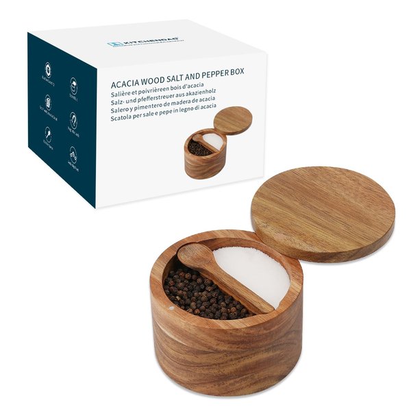 KITCHENDAO Acacia Wood Salt and Pepper Bowl Box,Built-in Spoon,Two Compartments Spice Seasoning Container,Sea Salt Cellar Holder,Magnetic Swivel Lid,Dual 5oz Capacity