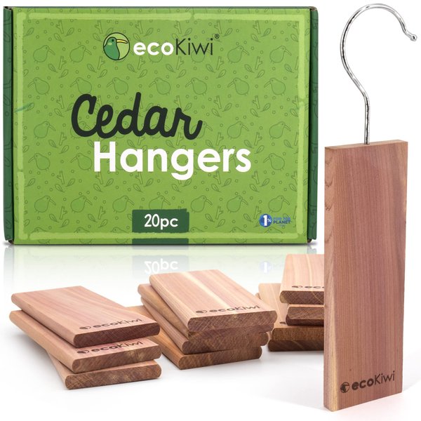 ecoKiwi Cedar Blocks for Clothes Storage - 20 Pack Cedar Planks - Natural Cedar Chips Wood for Closet - Cedarwood Hangers with Sandpaper - Hanging Closet & Drawer Freshener Scent Protection & Control