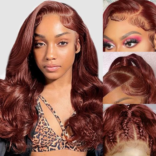 Hevgf 16 Inch Reddish Brown Lace Front Wigs Human Hair 13x4 Reddish Brown Body Wave Wig Human Hair 180% Density Auburn Brown Lace Front Wigs Human Hair Pre Plucked with Baby Hair for Women