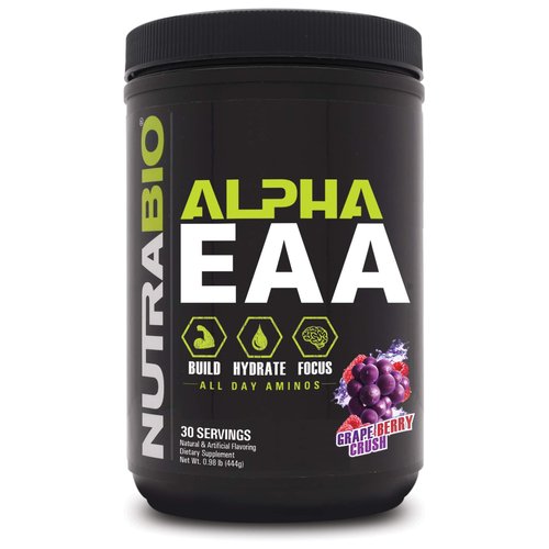 NutraBio Alpha EAA - All-Day Aminos - Recovery, Energy, Focus, and Hydration Supplement - Full Spectrum EAA BCAA Matrix, Electrolytes, Nootropics, Coconut Water - 30 Servings - Grape Berry Crush