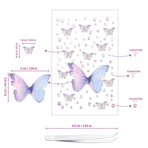 100 pcs Face Rhinestones, Colorful Aurora Self Adhesive Diamonds Face Sticky Gems with Tweezers Fabric Butterflies Multi-Style Sequin Stickers for Women Face Body Makeup