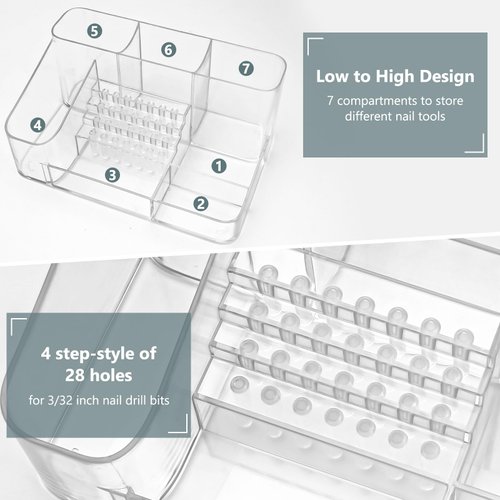 CGBE Nail Drill Machine & Nail Drill Holder, 28 Holes Transparent Acrylic Drill Bit Holder for Nails, Professional Nail Organizer and Storage Box Case (Not Including Nail Drill Machine & Bit)