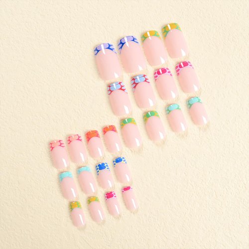 Tyuimhx Colorful French Tip Press on Nails Medium Square Fake Nails With Bubble Pattern Designs Full Cover Stick on Nails Acrylic Reusable Artificial Nails for Women Girls Glue on Nails 24Pcs