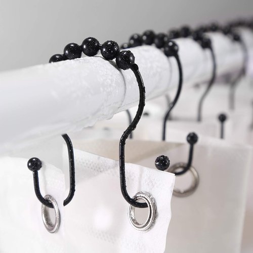Goowin Shower Curtain Hooks, 12 Pcs Shower Curtain Rings, Stainless Steel Black Shower Curtain Hooks, Shower Curtain Rings Rust Proof, Smooth Sliding Anti-Drop Double Shower Rings for Curtain (Black)