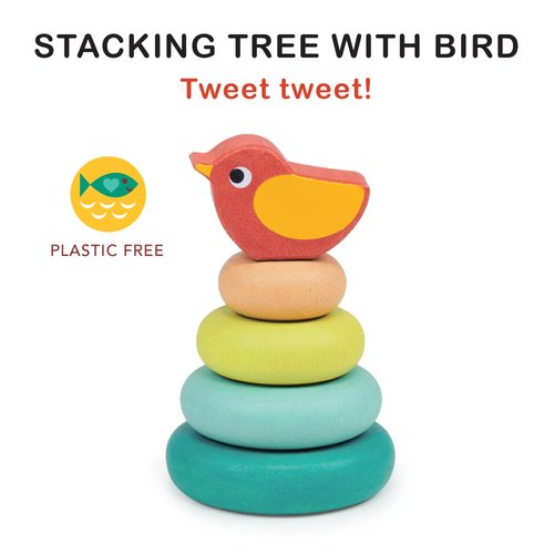 Mentari Toys - Stacking Tree with Bird - 5pcs Ring Stacker Toddler Toy - Wooden Stacking Rings - Boost Fine Motor Skills - Toddler Educational Toy - Age 12m+