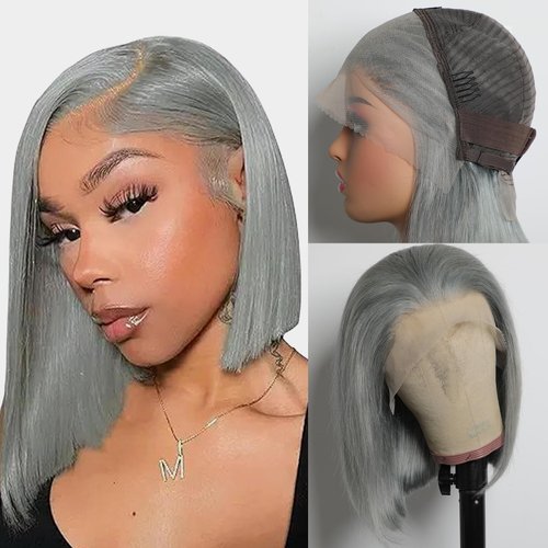 GIRLOFDREAMS Grey Color Short Bob Wig Human Hair 13x4 Straight Lace Front Wigs Glueless 180 Density Pre Plucked with Baby Hair Brazilian Remy Gray Colored Transparent Frontal Lace Wigs for Black Women