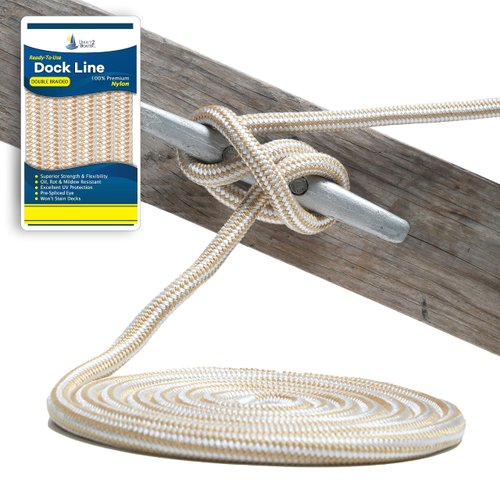 3/8" x 20' - Gold/White Durable Double Braided Nylon Dock Line - for Boats up to 25' - Long Lasting Mooring Rope - Strong Nylon Dock Lines for Boats - Marine Grade Sailboat Docking Line