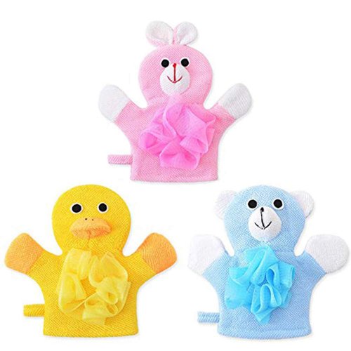 Bath and Shower Loofah Sponge for Kids,Non-Toxic,Skin-Friendly Soft Terry Cloth Bath Puppet,Wash Cloth,Bath Mitt,Bath Mitt,Terry Cloth Bath Mitt Set of 3,Cute Face Design(Rabbit/Duck/Bear)
