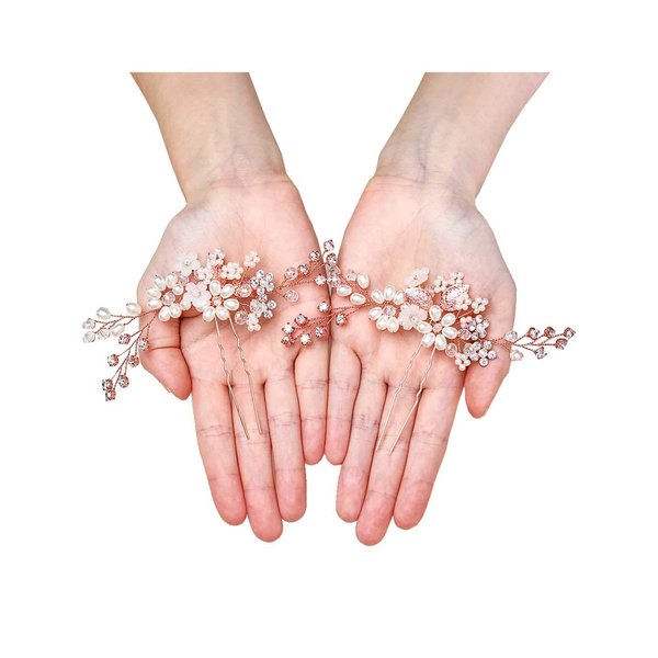 Barode Rhinestones Bridal Wedding Hair Pins Rose Gold Pearls Flower Hair Pin Bride Hairpieces Leaves Hair Accessories for Women and Girls(Pack of 2)