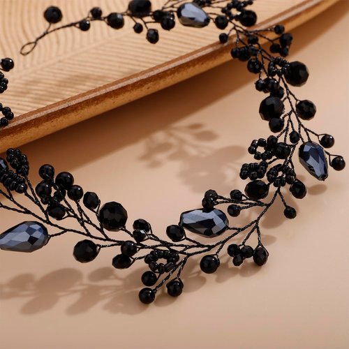 Kercisbeauty Black Pearl Beads Headband for Wedding Brides Bridesmaid Women Girls Handmade Hairpiece Black Jewelry for Halloween Costume Jewelry