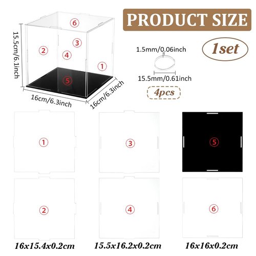 FINGERINSPIRE Clear Acrylic Display Case with Black Base & 4 Pcs Rubber Rings 6x6x6 Inch Cube Clear Self-Assembly Acrylic Box Dustproof Protection Showcase for Action Figures Collectibles Toys