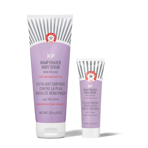 First Aid Beauty - KP Bump Eraser Body Scrub with 10% AHA, Keratosis Pilaris Skin Exfoliater with Glycolic and Lactic acids, Helps Reduce Chicken Skin Bumps, Safe for Sensitive Skin, 8 oz + Bonus, 2ct