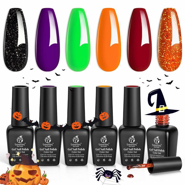 Beetles Gel Nail Polish Set, Hocus Pocus Collection Orange Green Purple Black Glitter Gel Polish Set Soak Off Nail Lamp Uv LED Cured Nail Art Design Manicure Gift Holiday