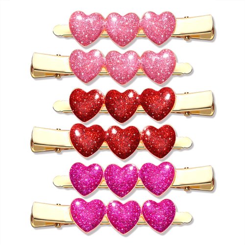 Boderier 6 Pack Valentine's Day Heart Hair Clips for Women Red Pink Fuchsia Glitter Rhinestone Heart Clips Hair Barrette Hair Accessory for Women Glitter
