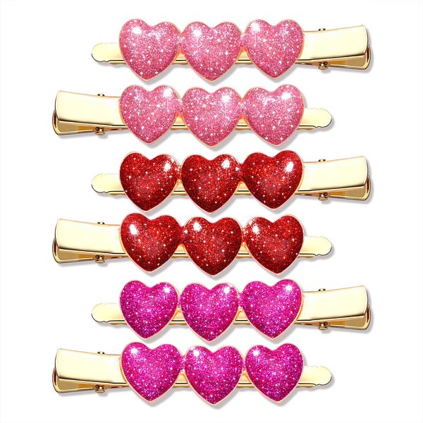 Boderier 6 Pack Valentine's Day Heart Hair Clips for Women Red Pink Fuchsia Glitter Rhinestone Heart Clips Hair Barrette Hair Accessory for Women Glitter
