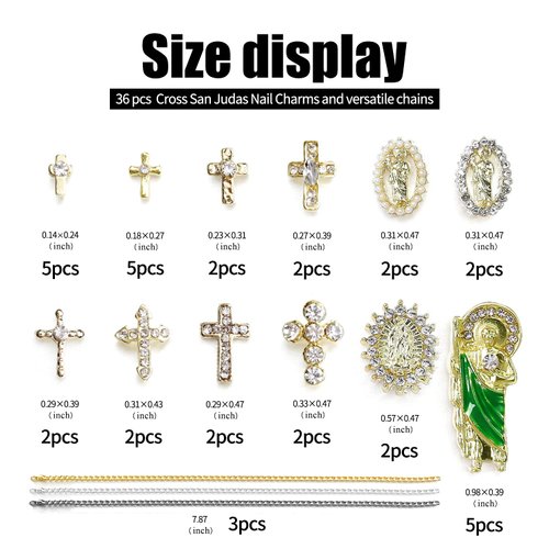 36 Pcs 3D Cross Nail Rhinestones Charms San Judas Tadeo Virgin Mary Nail Charms for Acrylic Nails Chains Gold Nail Art Metal Shiny Alloy Crystals Gems DIY Jewels Accessories Supplies Decorations Set