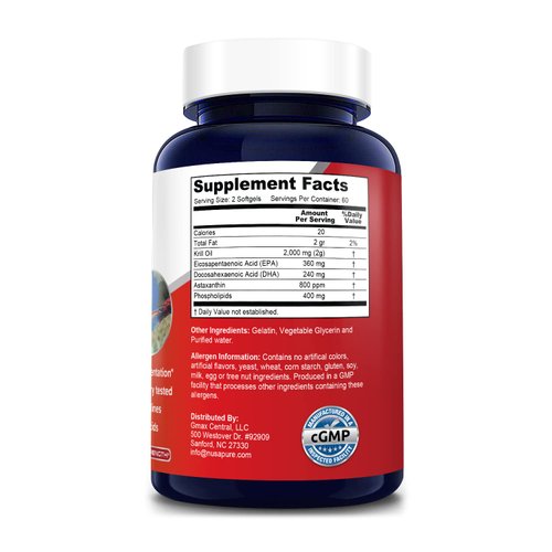 NusaPure Antarctic Krill Oil 2000 mg 120 Softgels, Omega-3 EPA 360mg, DHA 240mg, Astaxanthin Supplement Sourced from Krill 800ppm