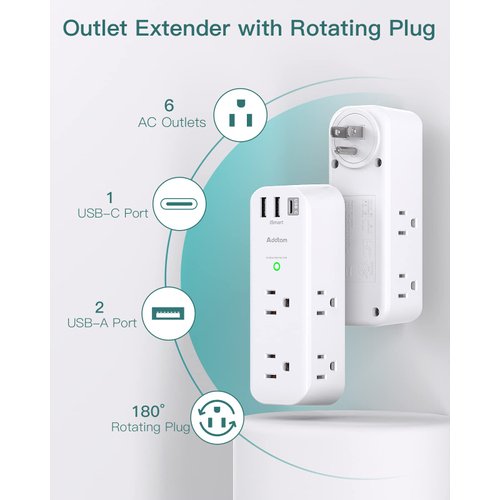 Surge Protector - Outlet Extender with Rotating and Multi Plug with 6 AC 3 USB Ports (1 USB C), 3-Sided Power Strip with Wall Adapter Charger for Home Travel Office, ETL Listed (1800J)