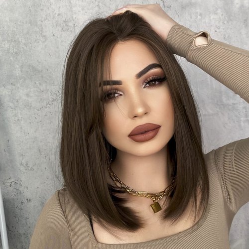 7JHH WIGS Short Straight Bob WIG Lace Front Synthetic Shoulder Length Middle Part mix Highlight Wig for Women Daliy Party Cosplay Used (15" Brown)