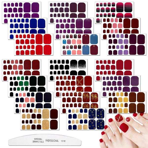 JERCLITY 20 Sheets Toe Nail Polish Strips Nail Art Stickers Decals for Girls Women with 1 Pc Nail File Nail Polish Stickers Full Wraps Set