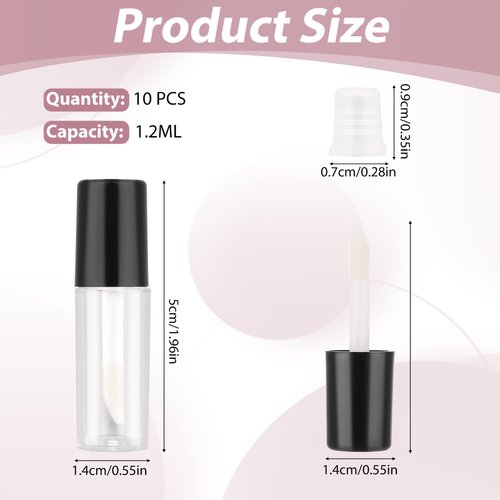 Molain 10pcs Empty Lip Gloss Tubes, 1.2ml Mini Refillable Cosmetic Containers Bottles Lip Balm Bottles for Lipstick Samples, Lip Balms(Black tube cap)