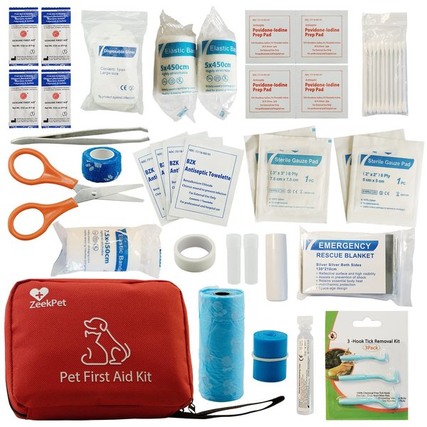 Pet First Aid Kit ZeekPet Medical Bag for Dogs and Cats Trauma Kit with Self Adhering Bandage, Styptic Pencil, Onitment, Pill Box, Emergency Blanket Perfect Survival Kit for Traveling with Your Pet