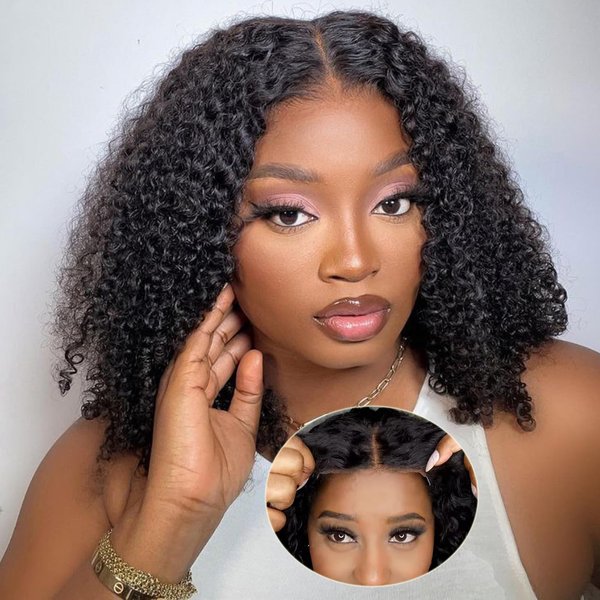 UNEED Short Kinky Curly Glueless Bob Wig Human Hair Pre Plucked Pre Cut Wear and Go Glueless Bob Wigs for Black Women 5x5 Invisible SKINLIKE Real HD Transparent Lace 200% Density 12 Inch
