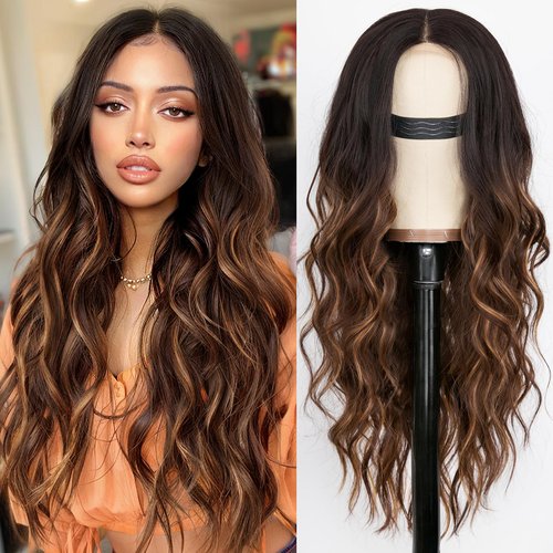 Nnzes Long Brown Wavy Wig with Highlights Middle Part Curly Wigs Lace Hairline Wigs for Women Ombre Brown Synthetic Heat Resistant Wigs for Daily Part Use