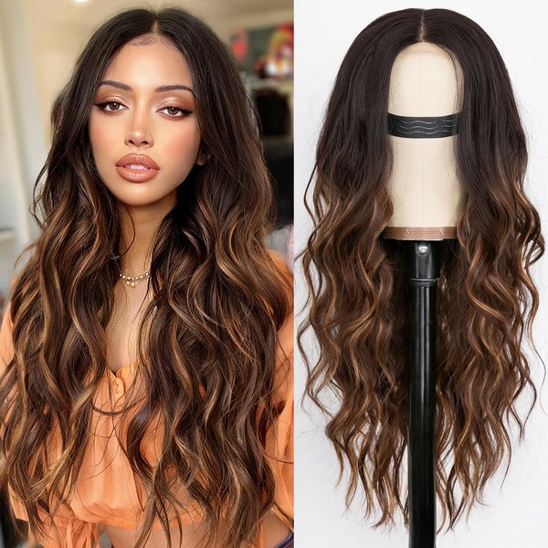 Nnzes Long Brown Wavy Wig with Highlights Middle Part Curly Wigs Lace Hairline Wigs for Women Ombre Brown Synthetic Heat Resistant Wigs for Daily Part Use