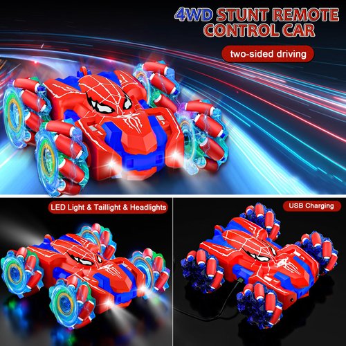 Spider Remote Control Car, USB Direct Charging RC Cars with Cool Lights, 2.4Ghz Double Sided Drift RC Stunt Car, 360°Rotating 4WD Off-Road Race Car Toys for 4-6 6-12 Boy Girl Kids Gifts