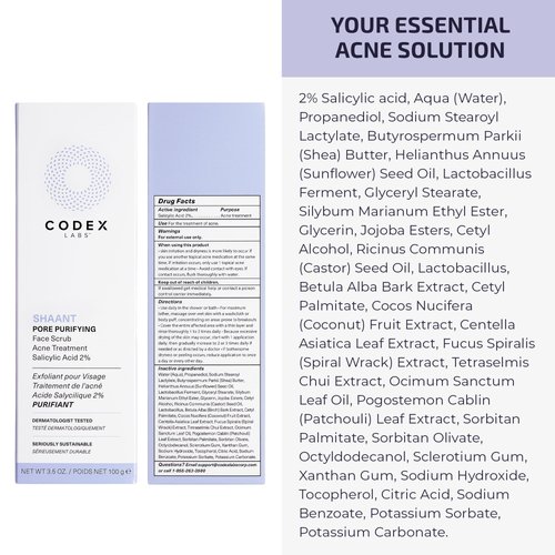 Codex Labs Shaant Pore Purifying Face Scrub - Oil Control Pore Minimizer Exfoliator - For Acne Prone Skin, Oily Skin, All Skin Types - With 2% Salicylic Acid - Cruelty-Free, Vegan Skincare (100g)
