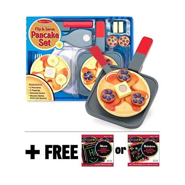 Melissa & Doug Flip & Serve Pancake - Wooden Play Food Set + Free Scratch Art Mini-Pad Bundle