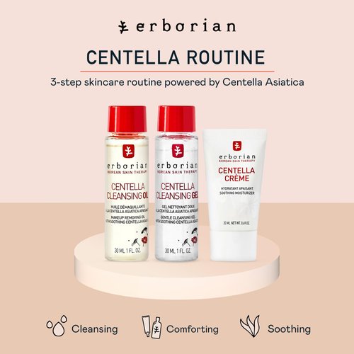 Erborian Centella Routine Travel Kit with Facial Cleansing Oil Makeup Remover (1 fl oz), Facial Cleansing Gel (1 fl oz) & Face Moisturizer Cream (20 ml) - Skin Care for Hydrated & Fresh-Looking Skin