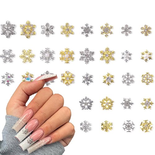 32 PCS Christmas Nail Art Charms 3D Snowflake Nail Charms for Acrylic Nails with Gems Rhinestones Gold Silver Nail Art Supplies Metal Nail Accessories Winter Holiday Nail Decorations Design