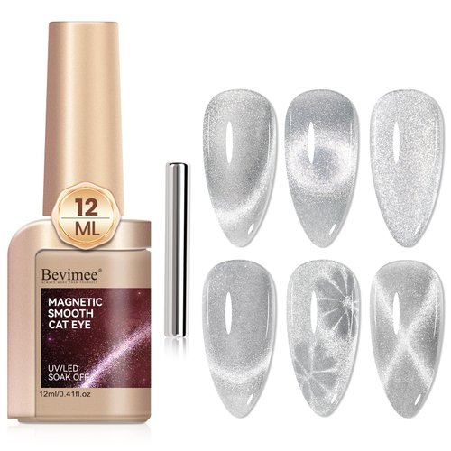 Bevimee Cat Eye Gel Nail Polish, Silver Glitter Magnetic Gel Polish Cat Eye Nails With Magnet Stick, For Holographic Shimmer Cateye Effect, UV Velvet Gel Nail Art Manicure Salon DIY Home, 12ML