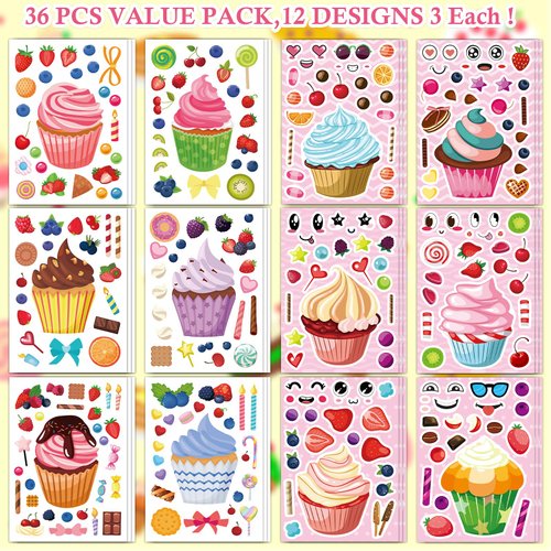 Ozepao 36 Pcs Cupcake Make-a-Face Sticker Sheets | Mix & Match Ice Cream Dessert Party Favors for Toddlers & Kids Ages 2-8 | Treats Party Activities, Birthday Decorations, Crafts & Supplies
