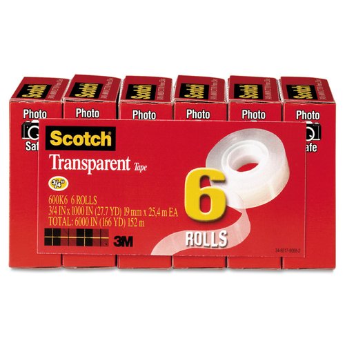 Scotch Transparent Tape, 3/4 in x 1000 in, 6 Boxes/Pack (600)