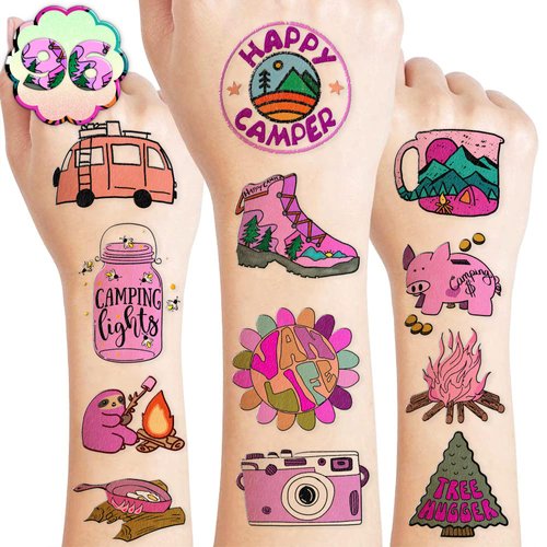 Camping Temporary Tattoos Pink Birthday Party Supplies Favors Decorations for Girls Theme Camp Glamping Smores Hiking Picnic Cute 96PCS Tattoos Stickers for Kids Boys Classroom Rewards Gifts Ideal