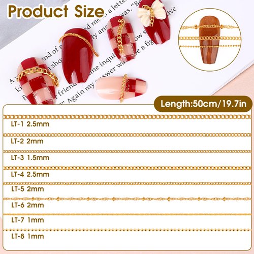 8 Strips Nail Art Chains Metal Chain Nail Charms Gold Nail Jewelry Chains 3D Nail Art Chain Nail Decorations Supplies Punk Nail Studs Accessories for DIY Making Nails Manicure Jewelry Tips Decor