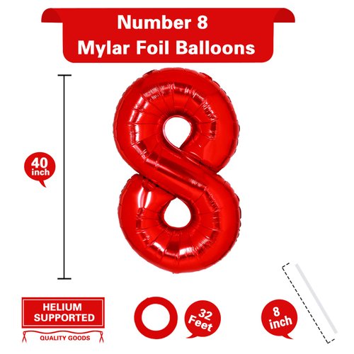 40 Inch Giant Red Number 8 Balloon, Helium Mylar Foil Number Balloons for Birthday Party, 8th Birthday Decorations for Kids, Anniversary Party Decorations Supplies (Red Number 8)