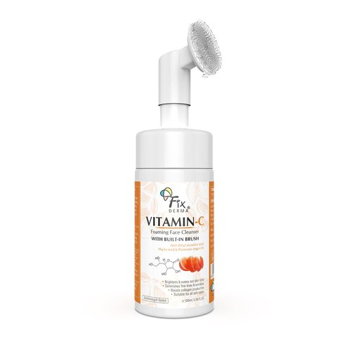 Fixderma 2% Vitamin C Foaming Face Cleanser with Brush, Face wash for Women & Men, Foaming Cleanser for skin tone, Reduces fine lines & wrinkles, Exfoliates the skin - 3.38 FL. OZ