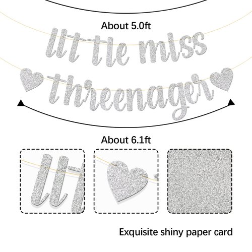 MonMon & Craft Little Miss Threenager Banner/Children Girl 3rd Birthday Party/Hello Three Sign/Little Girl Three Years Old Birthday Party Decorations - Silver Glitter