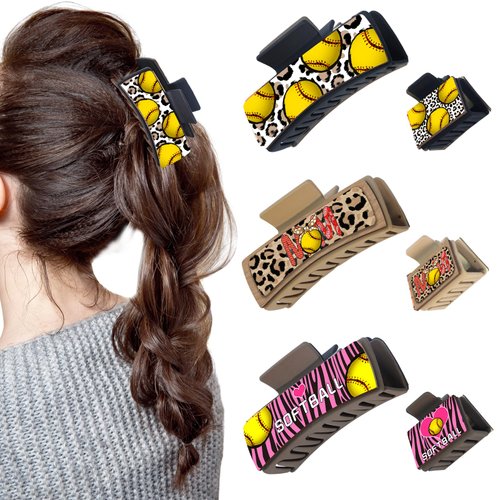 Yesaior Hair Clip, 6Pcs Softball Printed Wooden Claw Clips, Medium Non-slip Square Hair Clips for Women Girls Thick & Thin Hair (4 inch and 2 inch)