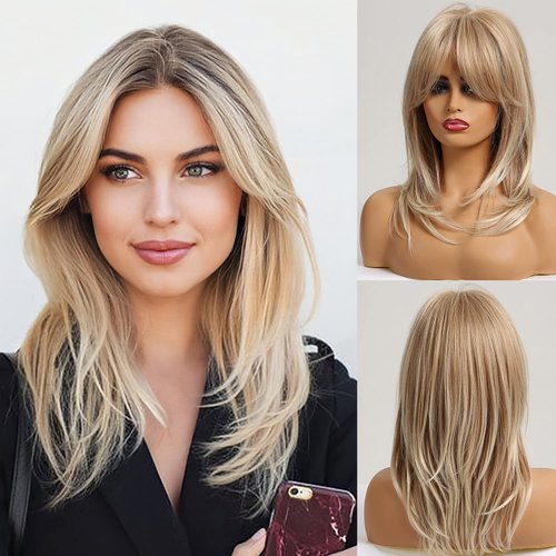 WTHCOS Blonde Wig for Women Ash Blonde Wigs with Bangs Long Wavy Mixed Blonde Wigs Layered Blonde Synthetic Wigs (Mixed Blonde)