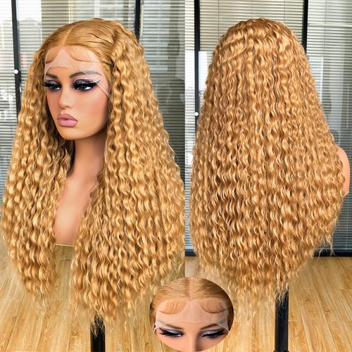 Annivia Long Curly Lace Front Wigs for Black Women, Pre Plucked with Baby Hair,Deep Wave Lace Front Wig,Afro Kinky Curly Synthetic Glueless Lace Frontal Wigs Honey Blonde 26Inch