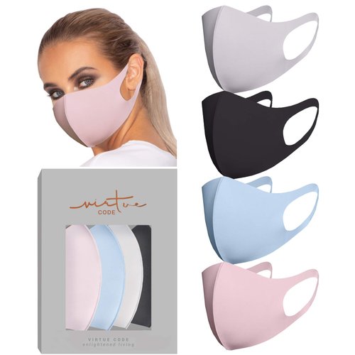 VIRTUE CODE Second Skin Cloth Face Mask Pack. 4 Buttery Soft Masks Washable Fabric - Pink, Baby Blue, Soft Grey and Black Face Mask Reusable. Stretchy, Comfortable, Fresh Facemask.