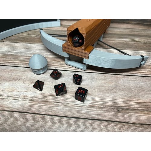 MunnyGrubbers - Crossbow Dice Roller - (Brown) - (Random 7PCS D20 Dice Set Included) - Tabletop RPG - Dice Holder - Dice Popper - Dice Tower - Dungeons and Dragons - DND - D&D - (Brown)