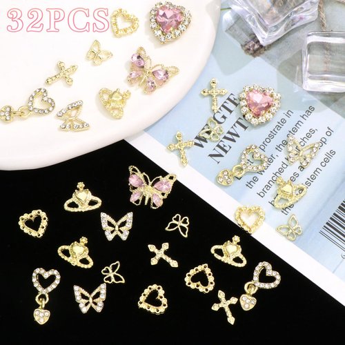 RODAKY 32PCS Butterfly Nail Charms 3D Gold Cross Nail Art Charms Dangle Heart Charms for Nails Heart Nail Gems Luxury Nail Jewelry Gold Nail Decoration Accessories for Women Manicure