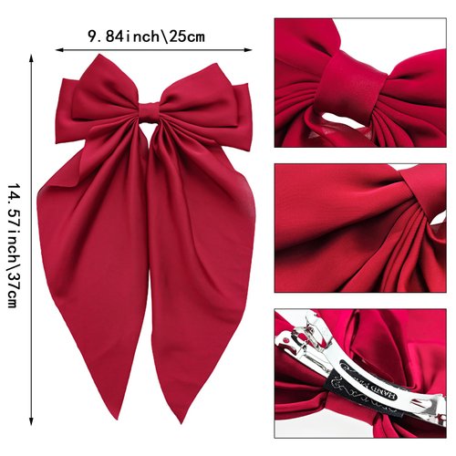 4 PACK Red Satin Bows Hair Barrettes, Hair Bows for Women, Hair Bow with Long Tail, Long Tail Valentine's Day Hair Accessories, Hair Accessories for Women