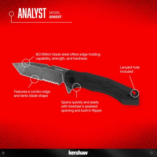 Kershaw Analyst Tanto Pocket Knife, 3.25" 8Cr13MoV Steel Blade, assisted opening, Liner Lock Folder EDC,Black